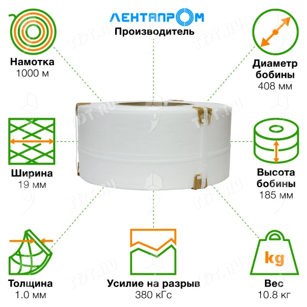 Стреппинг лента полипропиленовая (ПП), 19мм*1.0мм*1000м, белая