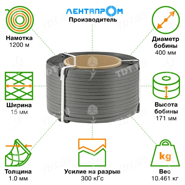 Стреппинг лента полипропиленовая (ПП), 15мм*1.0мм*1200м, серая