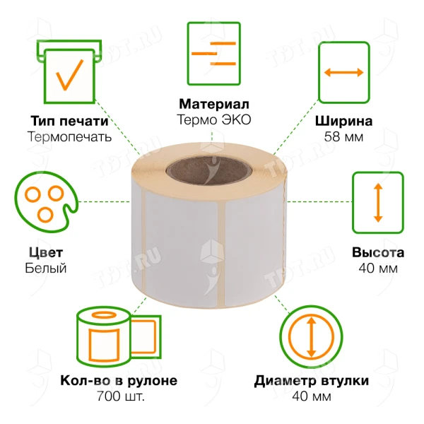 Термоэтикетки самоклеющиеся ЭКО 58*40 мм, втулка 40 мм, 700 шт./рол.